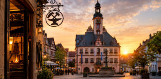 Rathaus einer Kleinstadt, davor ein Handwerksbetrieb mit Zunftschild