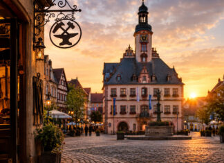 Rathaus einer Kleinstadt, davor ein Handwerksbetrieb mit Zunftschild