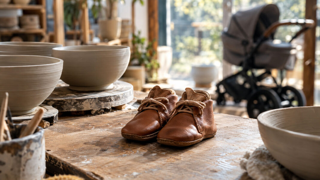 Babyschuhe auf der Werkbank einer Keramikwerkstatt, dahinter ein Kinderwagen