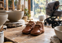 Babyschuhe auf der Werkbank einer Keramikwerkstatt, dahinter ein Kinderwagen