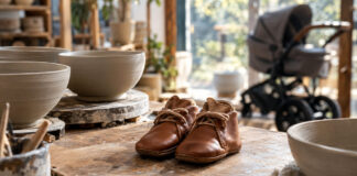 Babyschuhe auf der Werkbank einer Keramikwerkstatt, dahinter ein Kinderwagen
