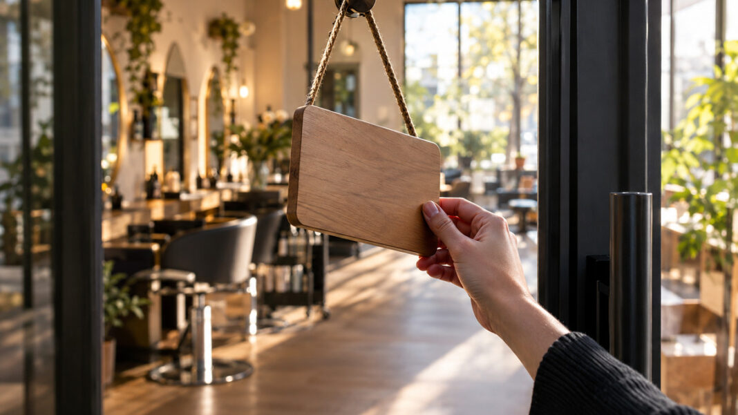 Türschild eines neuen Salons Hand dreht das Türschild eines neuen Friseursalons um