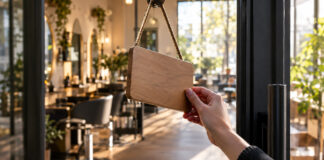 Hand dreht das Türschild eines neuen Friseursalons um