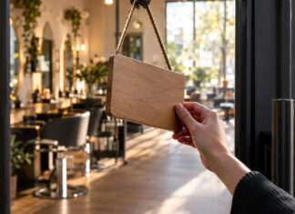 Hand dreht das Türschild eines neuen Friseursalons um
