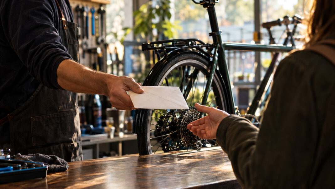 Umschlag an der Fahrradtheke Übergabe eines Umschlags an einen Kunden in der Fahrradwerkstatt