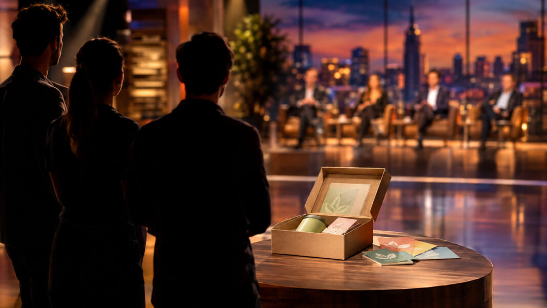 Höhle der Löwen – Deal-Moment Silhouetten vor Fernsehkulisse mit geöffneten Produktboxen und Deal-Karten im Studiolicht
