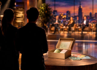 Silhouetten vor Fernsehkulisse mit geöffneten Produktboxen und Deal-Karten im Studiolicht