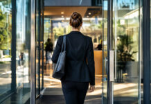 Eine Frau im Blazer geht durch die Glastür eines Firmengebäudes zum Vorstellungsgespräch