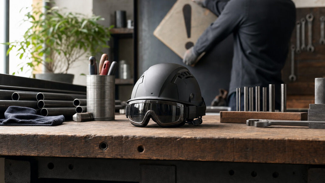 Helm und Schutzbrille auf einer Werkbank, daneben wird ein Warnschild aufgestellt