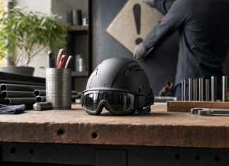 Helm und Schutzbrille auf einer Werkbank, daneben wird ein Warnschild aufgestellt