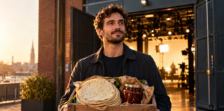 Gründer mit Kiste Bio-Tortillas und Salsa Macha vor beleuchtetem Studioeingang