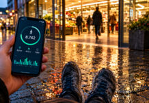 Hand hält Smartphone mit Schrittzähler-App neben Sneakern vor Supermarkt-Eingang