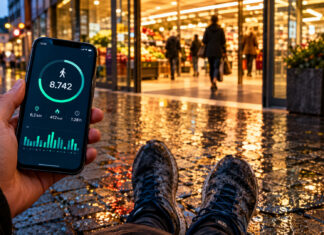 move2pay bei der Höhle der Löwen: Einkaufen mit Schritten Hand hält Smartphone mit Schrittzähler-App neben Sneakern vor Supermarkt-Eingang