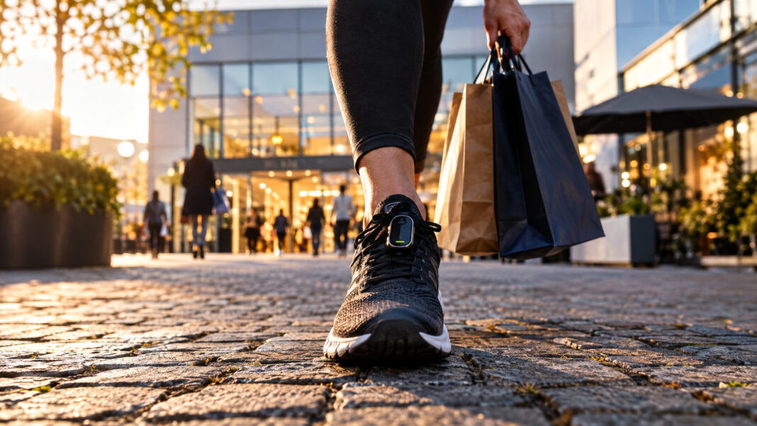 Laufschuh mit Schrittzähler neben Einkaufstasche auf Pflaster vor Einkaufszentrum