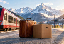 Ein Lederkoffer und ein Umzugskarton auf einem Bahnsteig, dahinter ein Regionalzug und schneebedeckte Alpengipfel im Morgenlicht