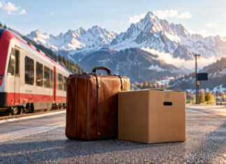 Ein Lederkoffer und ein Umzugskarton auf einem Bahnsteig, dahinter ein Regionalzug und schneebedeckte Alpengipfel im Morgenlicht