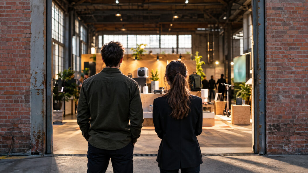 Gründerpaar von hinten vor einer Industriehalle mit ausliegenden Startup-Produkten im warmen Licht