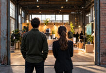 Höhle der Löwen: 20 Highlights aus 20 Staffeln Gründerpaar von hinten vor einer Industriehalle mit ausliegenden Startup-Produkten im warmen Licht