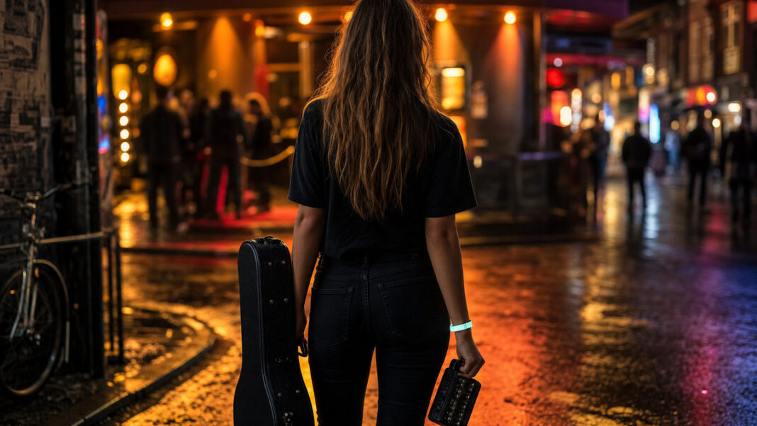 Musikerin mit Gitarrenkoffer vor Clubeingang auf der Reeperbahn bei Abendlicht