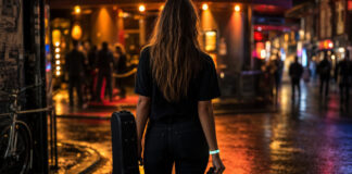 Musikerin mit Gitarrenkoffer vor Clubeingang auf der Reeperbahn bei Abendlicht