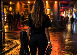 Musikerin mit Gitarrenkoffer vor Clubeingang auf der Reeperbahn bei Abendlicht