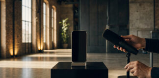 Smartphone auf Podest in heller Industriehalle, daneben Hände mit Mikrofon