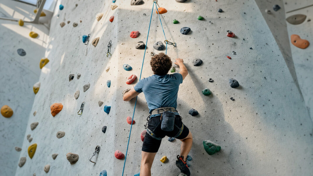 Selbst qualifizieren in der Kletterhalle Person klettert von hinten an einer Seilroute in heller Kletterhalle.