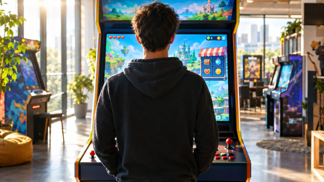 Free-to-Play Games im Studio Gruender blickt in einem Games-Studio auf einen Arcade-Automaten mit laufendem Spiel