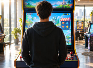 Gruender blickt in einem Games-Studio auf einen Arcade-Automaten mit laufendem Spiel
