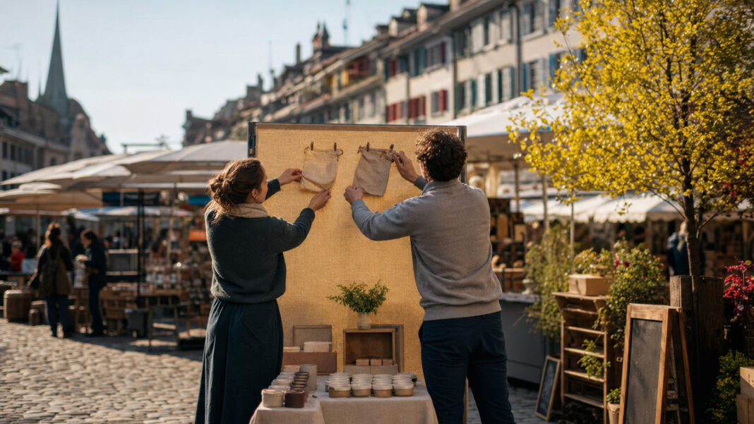 Internationale Selbstvermarktung Gründerpaar hängt Produktproben an eine mobile Präsentationswand auf einem Marktplatz im Tageslicht.