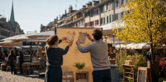 Gründerpaar hängt Produktproben an eine mobile Präsentationswand auf einem Marktplatz im Tageslicht.
