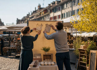 Gründerpaar hängt Produktproben an eine mobile Präsentationswand auf einem Marktplatz im Tageslicht.