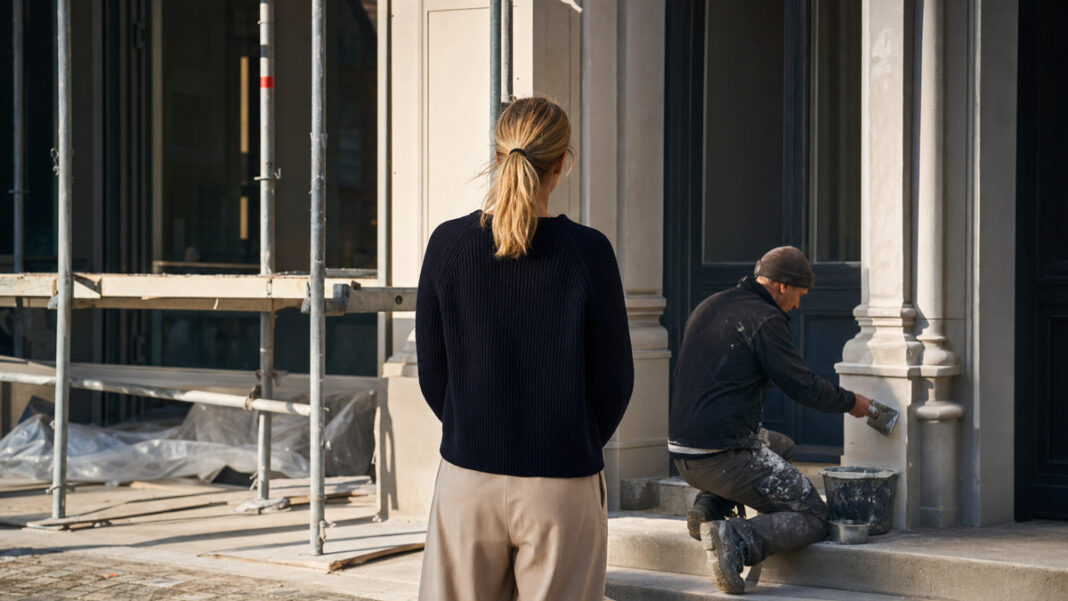 Gründerin vor einer Baustellenfassade, daneben ein Handwerker mit Kelle im warmen Tageslicht.