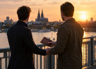 Zwei Personen auf einer Brücke beim Handschlag mit Leder-mappe und Geldschein im Abendlicht