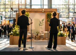 Zwei Start-up-Teams stehen sich an einem Messestand in einer Messehalle gegenüber, mit Mikrofonständern und Publikum im