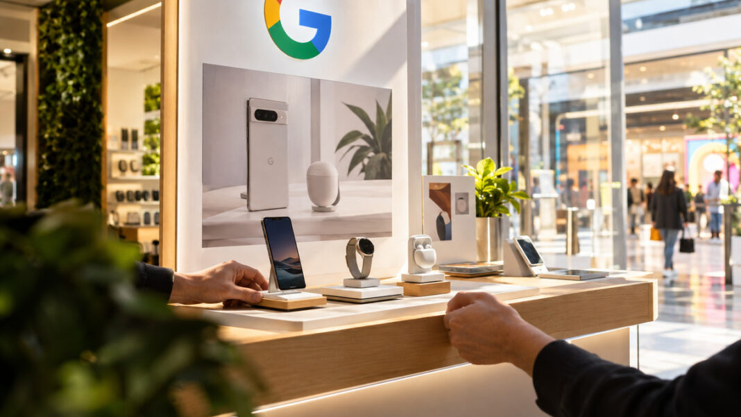 Google Shop-in-Shop Eröffnung Hände richten eine Google-Shop-in-Shop-Präsentationsfläche in einem Einkaufszentrum ein.
