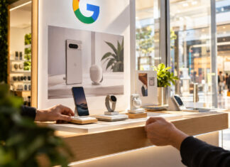 Hände richten eine Google-Shop-in-Shop-Präsentationsfläche in einem Einkaufszentrum ein.
