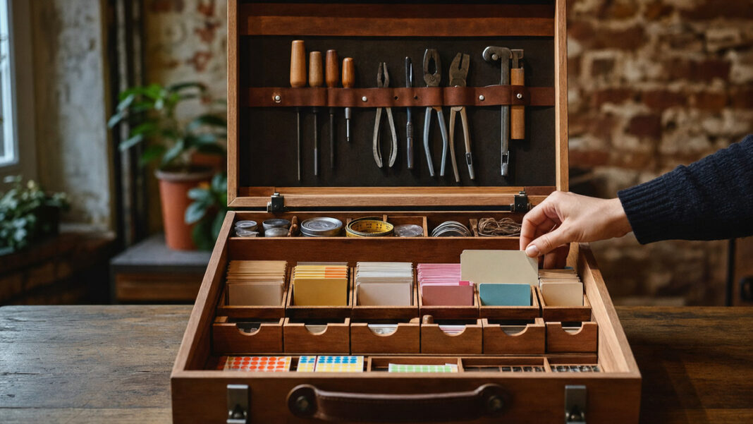 Besser organisiert mit Wunderlist Pro Geordnete Werkzeugkiste mit sortierten Fächern und einer Hand, die eine Karte einordnet.