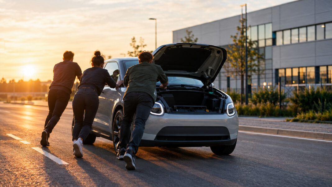 Mobile Career nimmt Fahrt auf Gründer schieben ein kleines Elektroauto auf einer Vorfahrt an