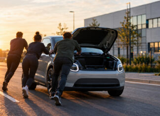 Gründer schieben ein kleines Elektroauto auf einer Vorfahrt an
