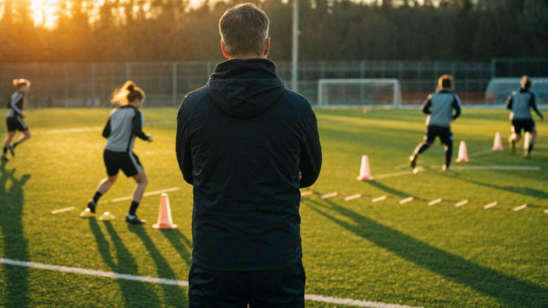 Coach am Fußballfeld beobachtet Techniktraining bei warmem Abendlicht
