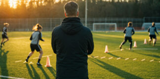 Coach am Fußballfeld beobachtet Techniktraining bei warmem Abendlicht