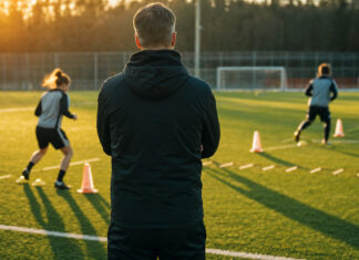 Coach am Fußballfeld beobachtet Techniktraining bei warmem Abendlicht