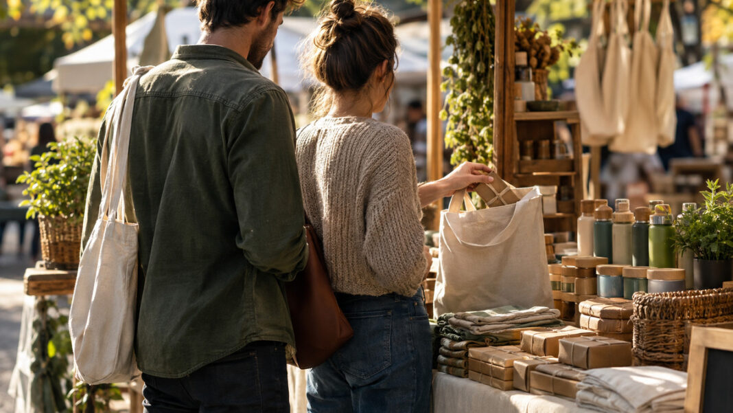 Marktstand mit nachhaltigen Produkten, eine Hand packt Ware in einen Stoffbeutel, warmes Licht