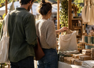 Marktstand mit nachhaltigen Produkten, eine Hand packt Ware in einen Stoffbeutel, warmes Licht