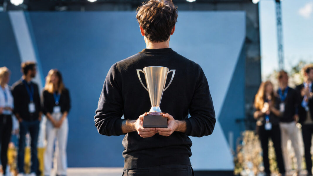 Gründer hält auf einer Startup-Bühne einen Siegerpokal, andere Teams stehen unscharf im Hintergrund.
