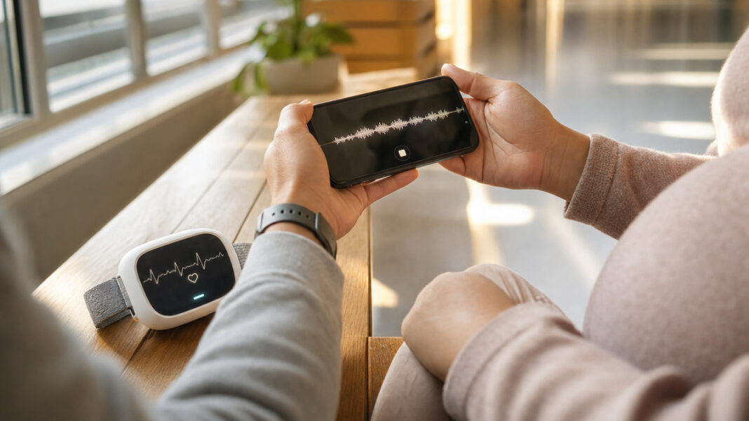 Herzmonitor auf einer Bank, daneben halten zwei Hände ein Smartphone im Klinikflur