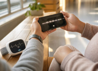 Herzmonitor auf einer Bank, daneben halten zwei Hände ein Smartphone im Klinikflur