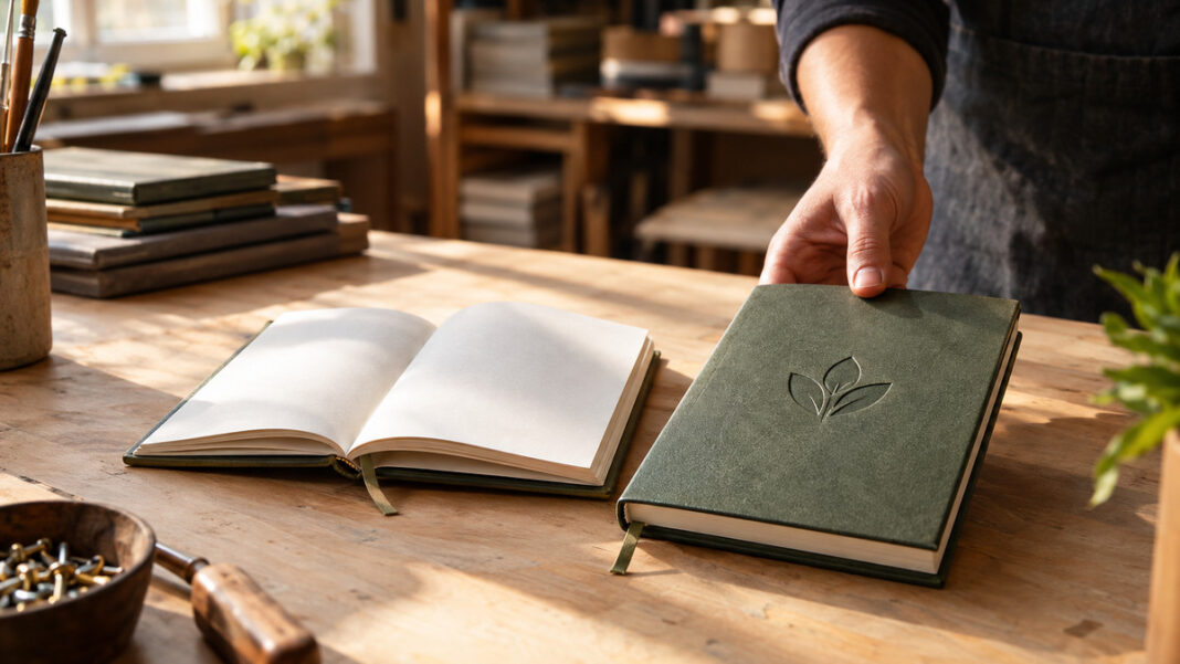 Geöffnetes und geprägtes Notizbuch auf einer Holztheke, Hand legt ein zweites daneben, warmes Fensterlicht