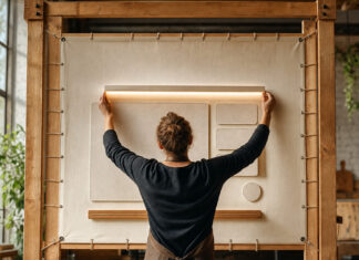 Hände montieren eine Website-Starttafel in einer hellen Werkstatt